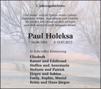 Traueranzeige von Paul Holeksa von Tageszeitung