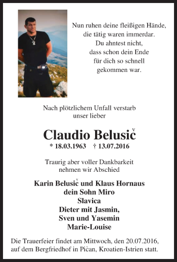 Traueranzeige von Claudio Belusic von Tageszeitung