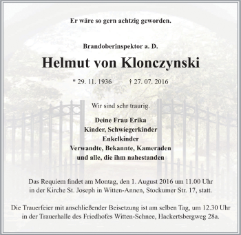 Traueranzeige von Helmut von Klonczynski von Tageszeitung