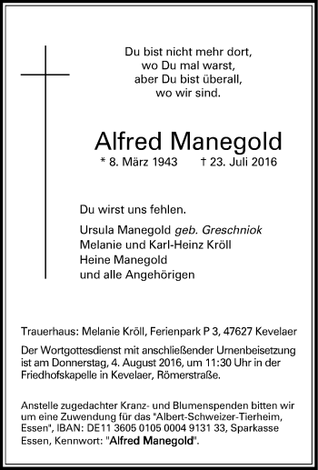 Traueranzeige von Alfred Manegold von Tageszeitung