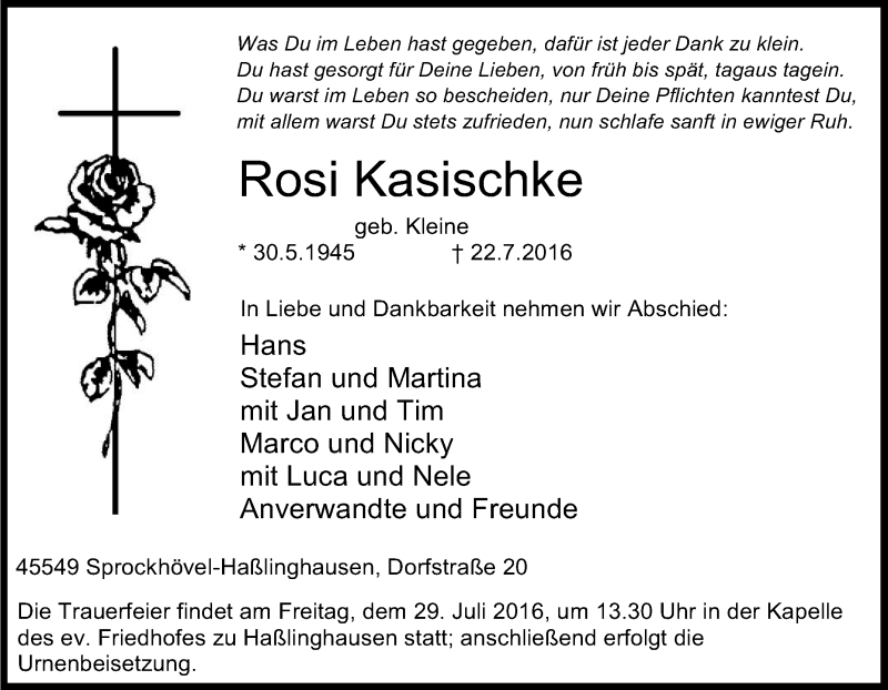  Traueranzeige für Rosi Kasischke vom 26.07.2016 aus Tageszeitung