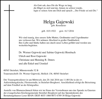 Traueranzeige von Helga Gajewski von Tageszeitung