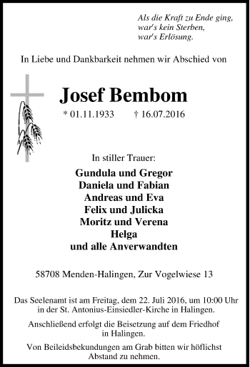 Traueranzeige von Josef Bembom von Tageszeitung