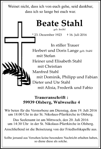 Traueranzeige von Beate Stahl von Tageszeitung