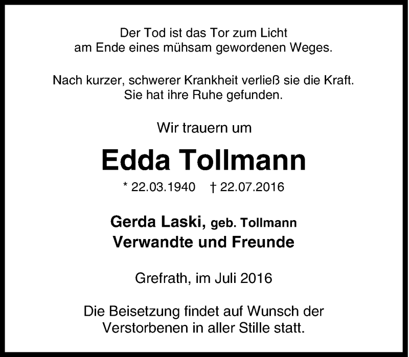  Traueranzeige für Edda Tollmann vom 26.07.2016 aus Tageszeitung