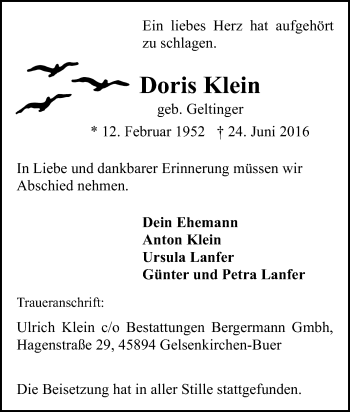 Traueranzeige von Doris Klein von Tageszeitung