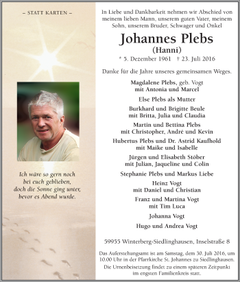 Traueranzeige von Johannes Plebs von Tageszeitung