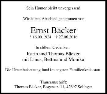 Traueranzeige von Ernst Bäcker von Tageszeitung