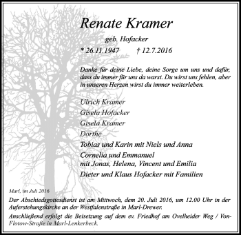 Traueranzeige von Renate Kramer von Tageszeitung