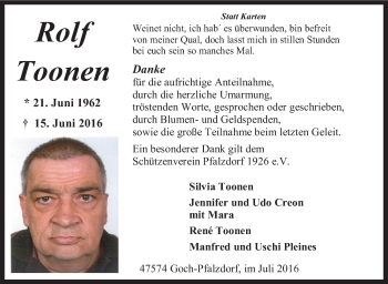 Traueranzeige von Rolf Toonen von Tageszeitung