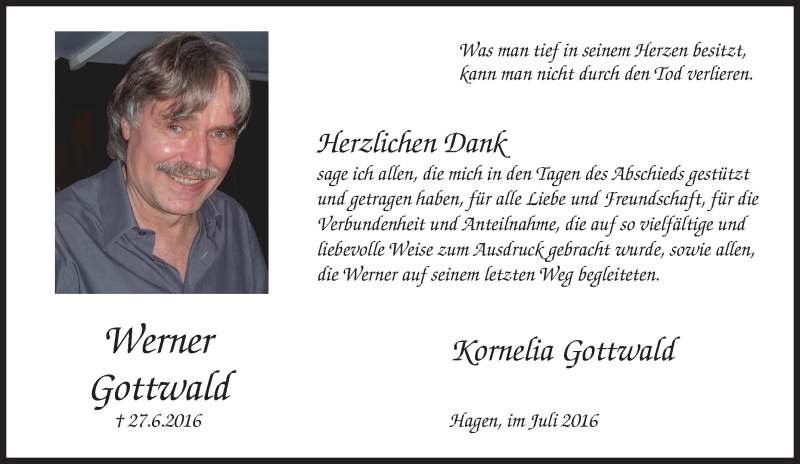  Traueranzeige für Werner Gottwald vom 30.07.2016 aus Tageszeitung