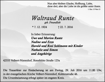 Traueranzeige von Waltraud Runte von Tageszeitung
