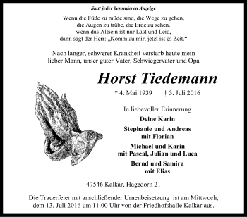 Traueranzeige von Horst Tiedemann von Tageszeitung