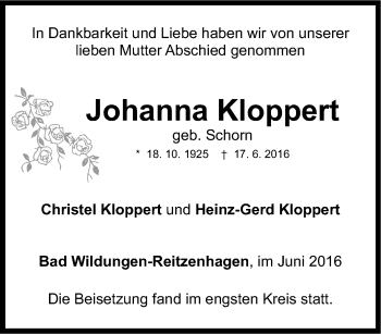 Traueranzeige von Johanna Kloppert von Tageszeitung