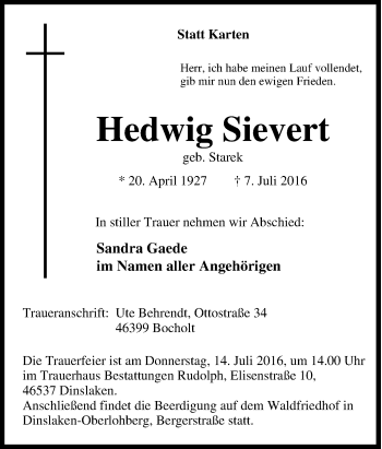 Traueranzeige von Hedwig Sievert von Tageszeitung