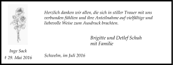 Traueranzeige von Inge Sack von Tageszeitung