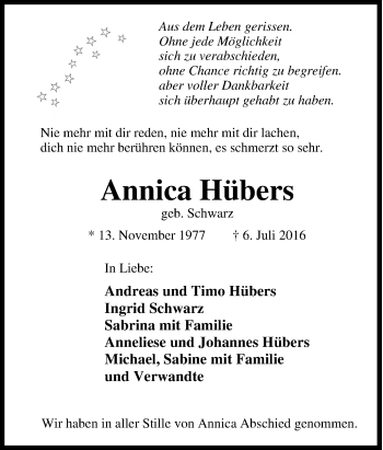 Traueranzeige von Annica Hübers von Tageszeitung