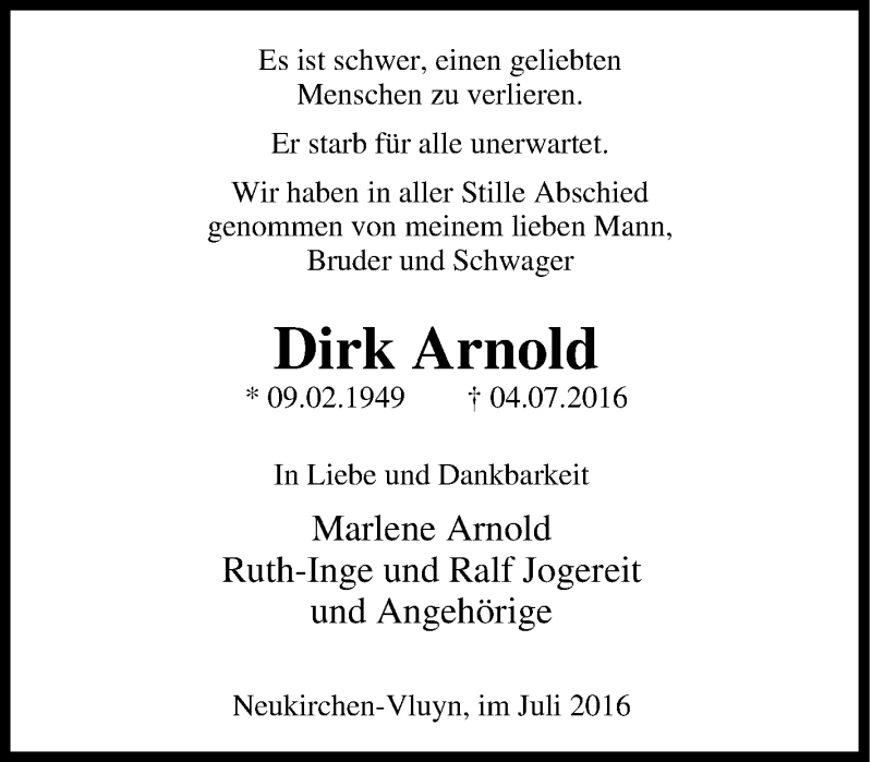  Traueranzeige für Dirk Arnold vom 09.07.2016 aus Tageszeitung