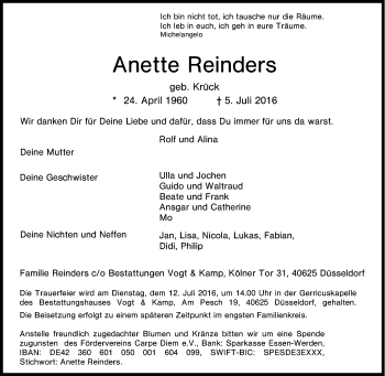 Traueranzeige von Anette Reinders von Tageszeitung
