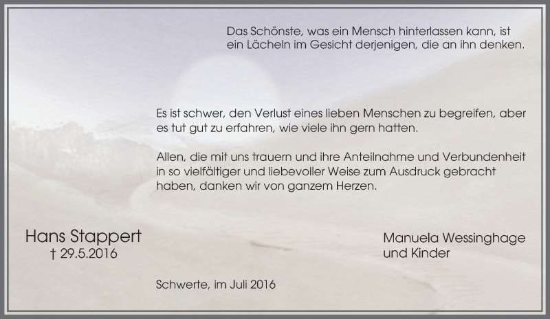  Traueranzeige für Hans Stappert vom 02.07.2016 aus Tageszeitung