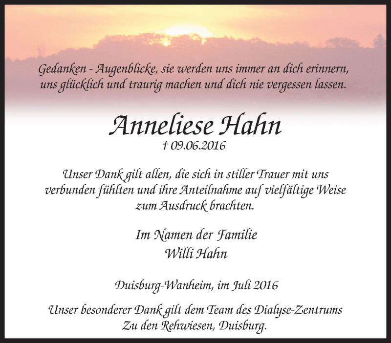  Traueranzeige für Anneliese Hahn vom 09.07.2016 aus Tageszeitung