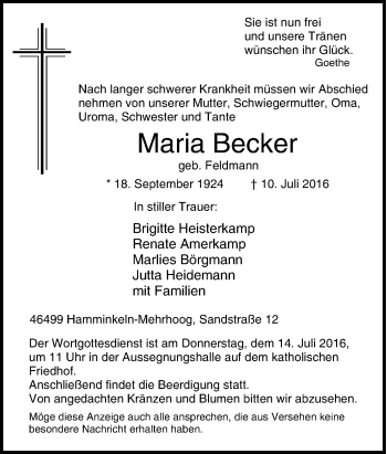 Traueranzeige von Maria Becker von Tageszeitung