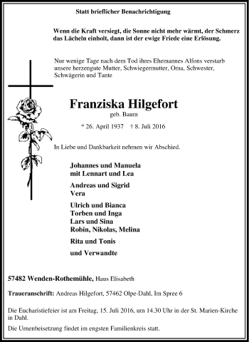 Traueranzeige von Franziska Hilgefort von Tageszeitung