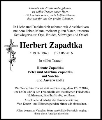 Traueranzeige von Herbert Zapadtka von Tageszeitung