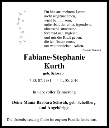 Traueranzeige von Fabiane K. von Tageszeitung