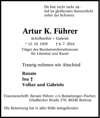 Traueranzeige von Artur K. Führer von Tageszeitung