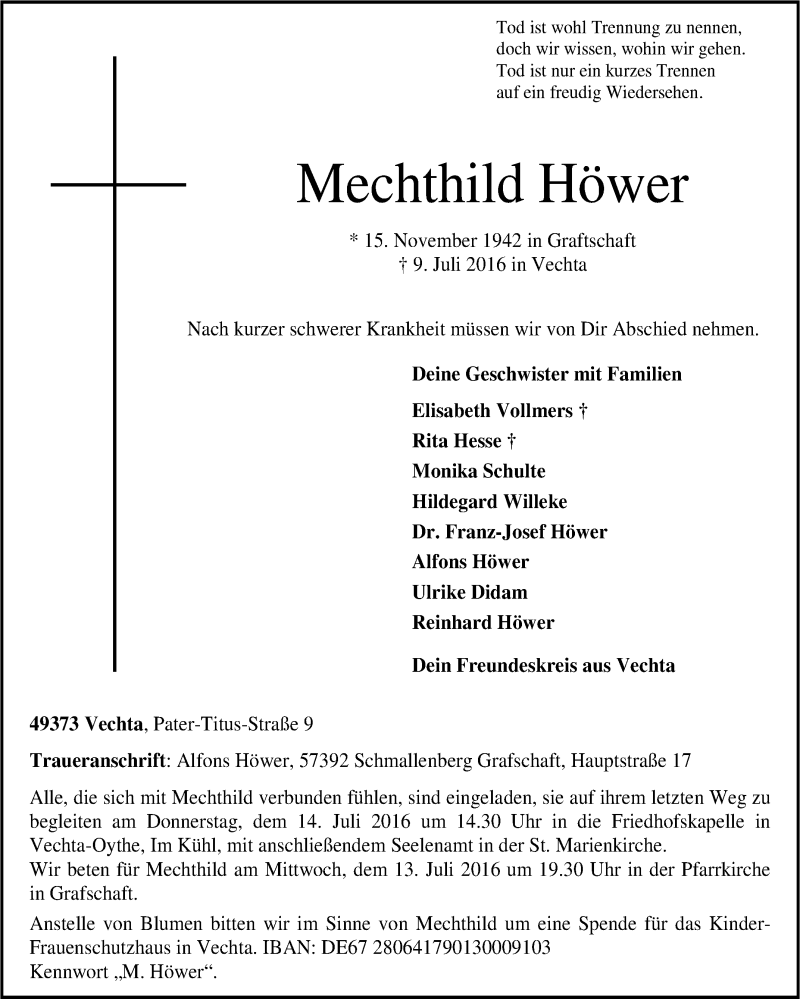  Traueranzeige für Mechthild Höwer vom 12.07.2016 aus Tageszeitung