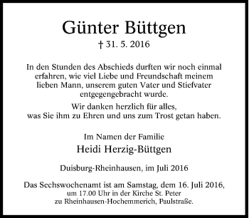 Traueranzeige von Günter Büttgen von Tageszeitung
