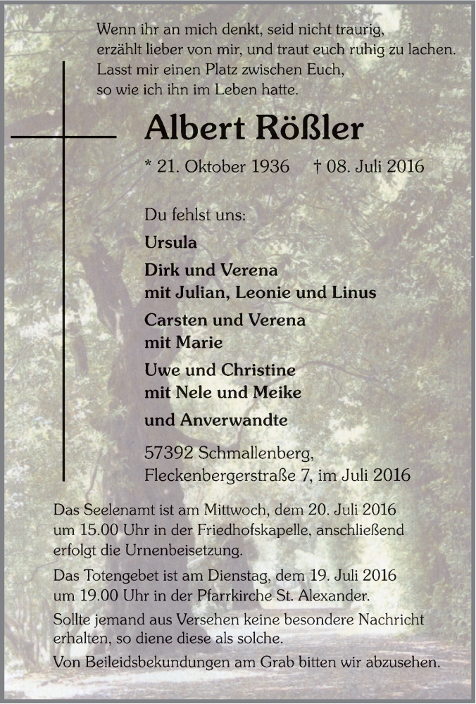  Traueranzeige für Albert  Rößler vom 13.07.2016 aus Tageszeitung
