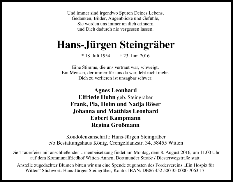  Traueranzeige für Hans-Jürgen Steingräber vom 02.07.2016 aus Tageszeitung