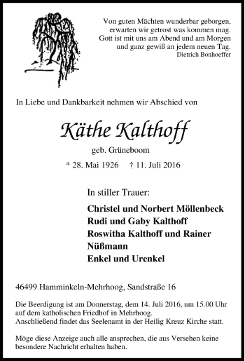 Traueranzeige von Käthe Kalthoff von Tageszeitung
