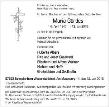 Traueranzeige von Maria Gördes von Tageszeitung