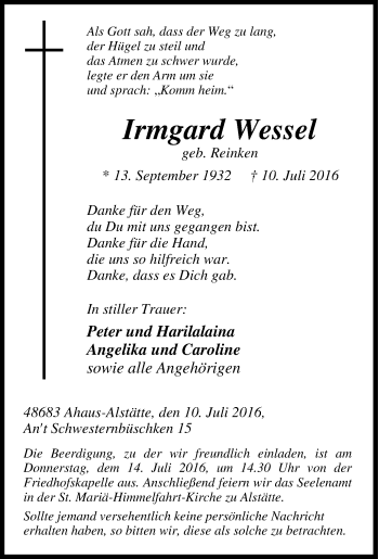 Traueranzeige von Irmgard Wessel von Tageszeitung