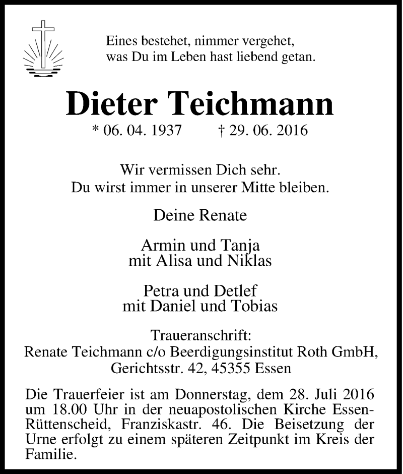  Traueranzeige für Dieter Teichmann vom 02.07.2016 aus Tageszeitung