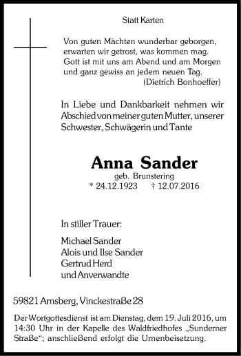 Traueranzeige von Anna Sander von Tageszeitung