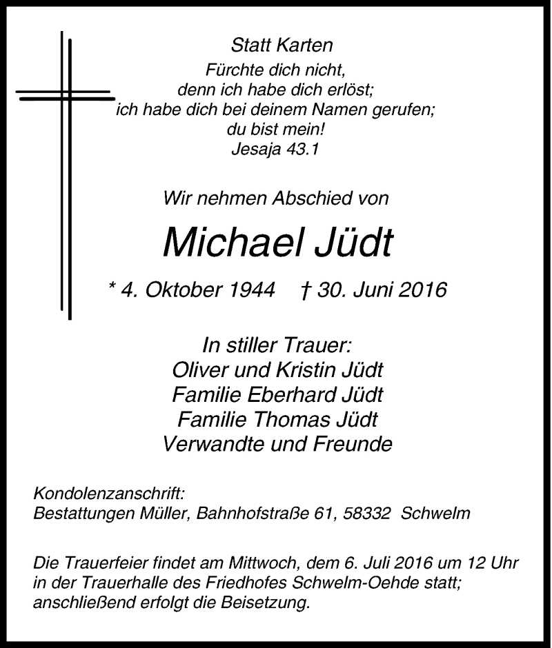  Traueranzeige für Michael Jüdt vom 05.07.2016 aus Tageszeitung