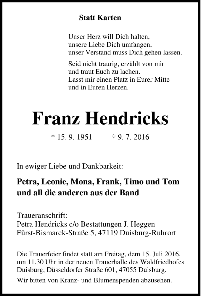  Traueranzeige für Franz Hendricks vom 12.07.2016 aus Tageszeitung
