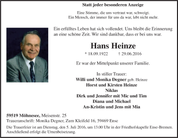 Traueranzeige von Hans Heinze von Tageszeitung
