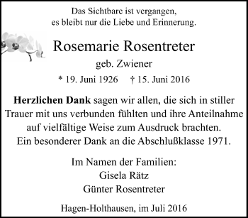 Traueranzeige von Rosemarie Rosentreter von Tageszeitung