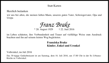 Traueranzeige von Franz Brake von Tageszeitung