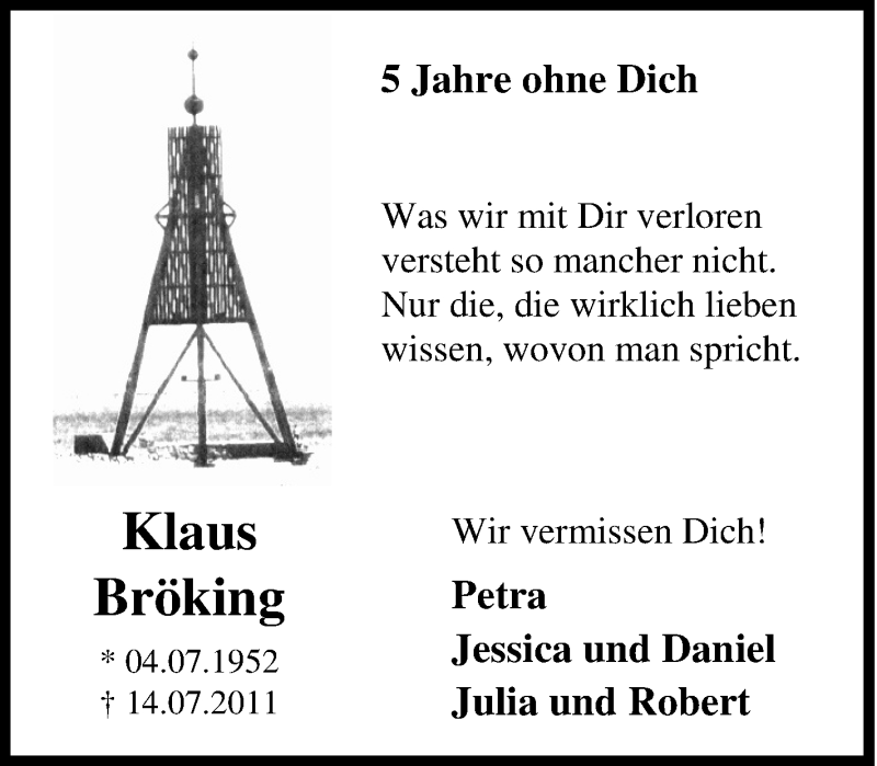  Traueranzeige für Klaus Bröking vom 14.07.2016 aus Tageszeitung