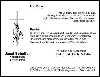 Traueranzeige von Josef Scheffer von Tageszeitung
