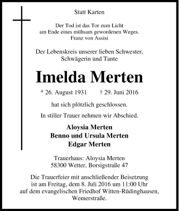 Traueranzeige von Imelda Merten von Tageszeitung