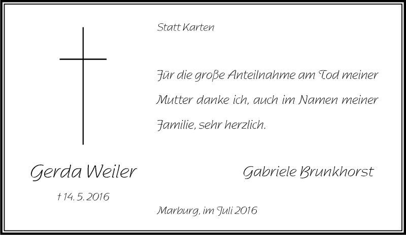  Traueranzeige für Gerda Weiler vom 02.07.2016 aus Tageszeitung