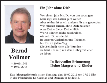 Traueranzeige von Bernd Vollmer von Tageszeitung