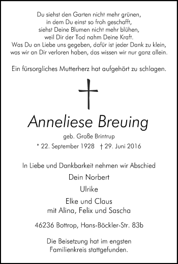 Traueranzeige von Anneliese Breuing von Tageszeitung